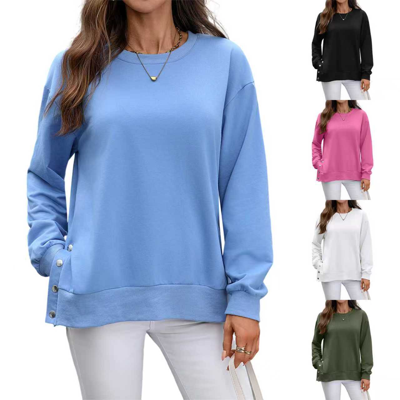 European and American Cross-Border Hot Sale 2025 Amazon Autumn and Winter New Pure Color Long-Sleeved Tops for Women Versatile Round Neck Slit Sweatshirts