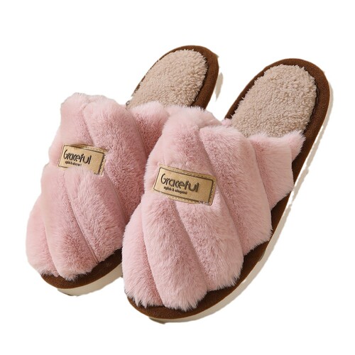 Fuzzy slippers for women—autumn and winter outdoor wear, non-slip, thick-soled indoor home slippers with fluffy cotton lining—winter warm cotton slippers.