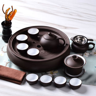 Zisha Kung Fu Tea Set suit Tea Cup Teapot Tea Tray Complete Set of Ceramic Tea Set Round Tea Washing Water Storage Household Tea Set