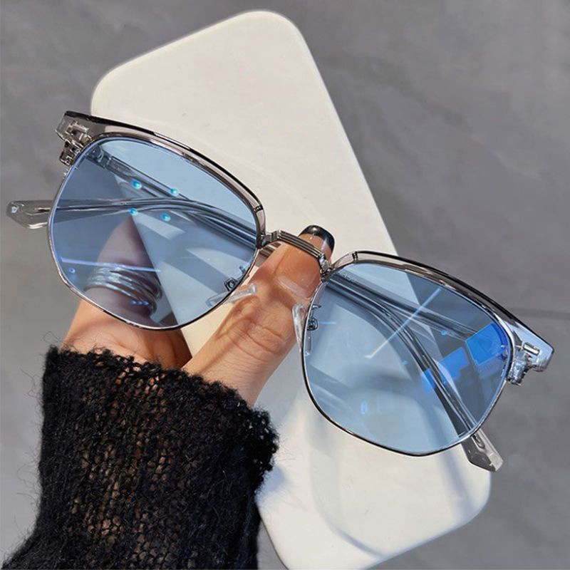 Gafas de media montura que cambian de color fotosensibles para hombres, cara grande, gafas de miopía de moda anti-luz azul, las mujeres pueden equiparse con ojos planos