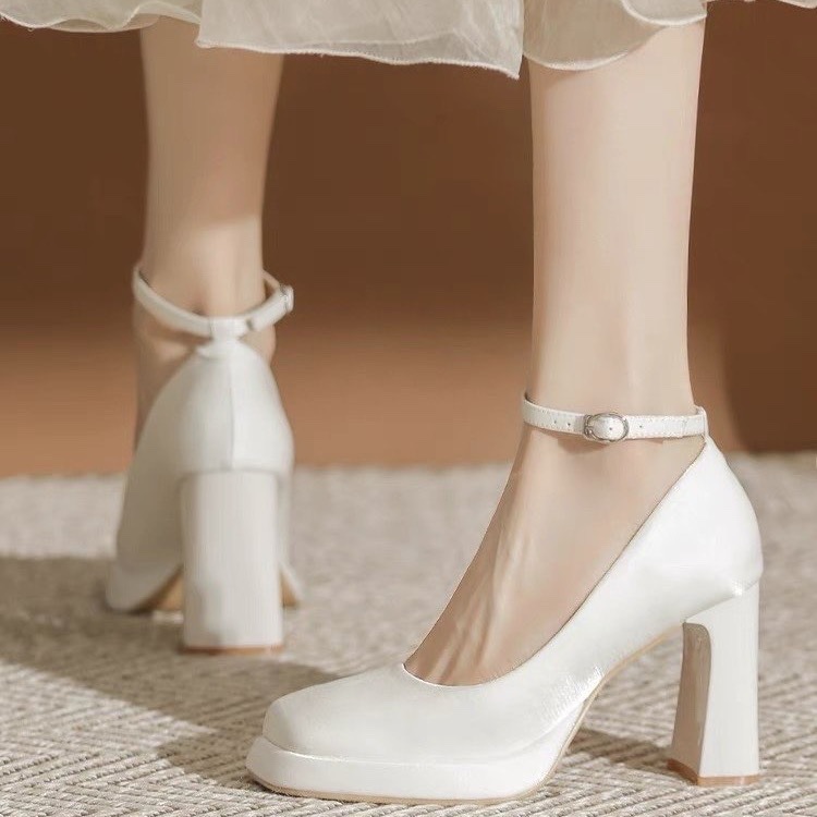 White Waterproof Platform High Heels for Women with Thick Heels for Small People Mary Square Toe Bridal Shoes Wedding Shoes Wedding Dress Flats for Women Spring & Fall