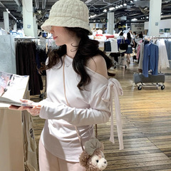 纯欲风辣妹斜肩条纹长袖T恤女早秋季修身显瘦绑带蝴蝶结露肩上衣