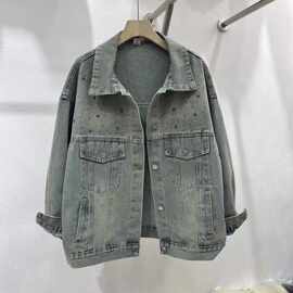 重工烫钻镶钻牛仔外套女小个子早春秋复古做旧五角星工装夹克上衣