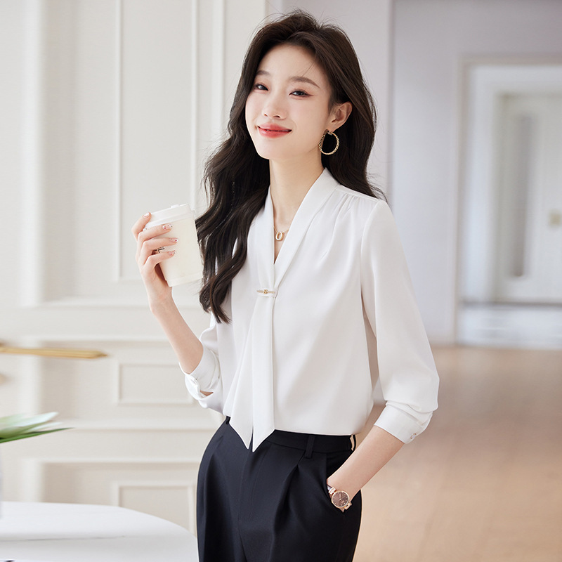 Qigu Niang commuter elegant white floating lead professional chiffon shirt women's long sleeve 2024 spring and summer interview top
