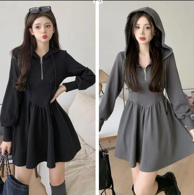 2025 Spring New Casual Hooded Sweatshirt Dress Women Spring and Autumn Small Waist Slimming A-Line Short Skirt
