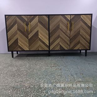 Nordic Retro Fishbone Pattern Creative Black Solid Wood Tv Cabinet Modern Simple Audio-Visual Cabinet Living Room Floor-Standing Storage Cabinet