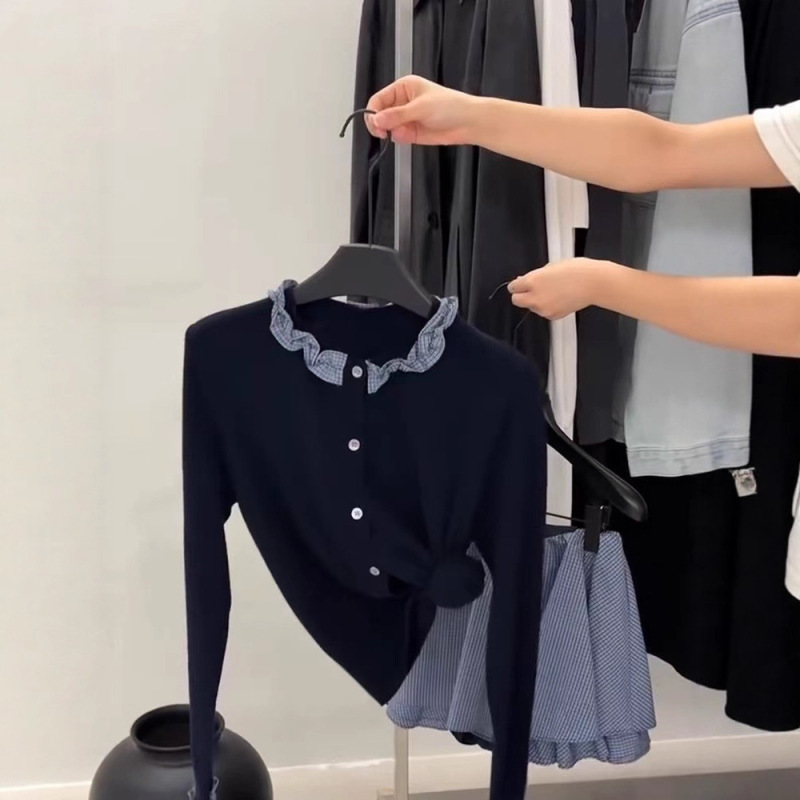 韩系秋款甜美撞色拼接设计显瘦针织衫女装高级感气质时尚复古开衫|undefined
