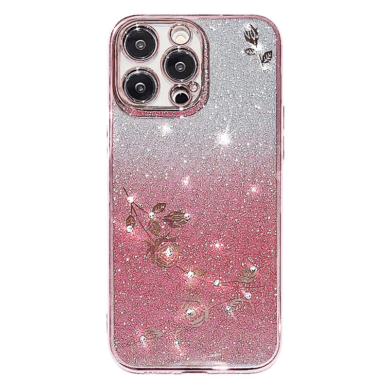Aplicable a iPhone17Pro caso de teléfono móvil gradiente polvo de brillo de diamante de manzana 16 galvanizado inmortalidad flor de caída funda suave