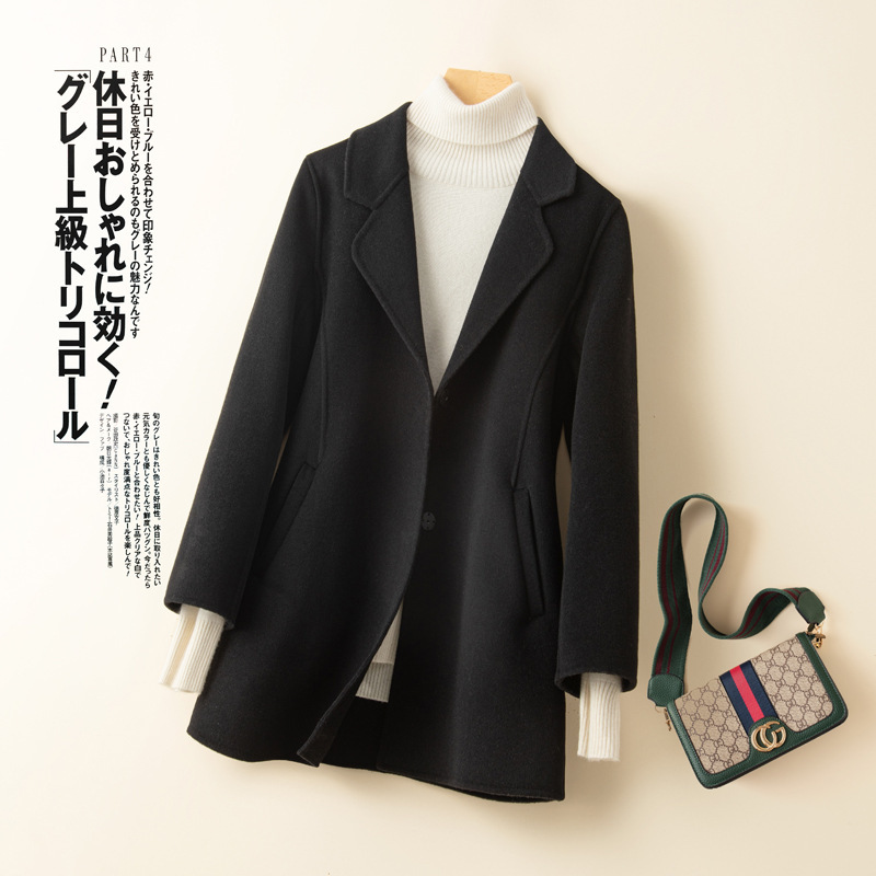 Wholesale winter double-sided cashmere coat women's short small high-end tweed coat black wool double-sided Tweed