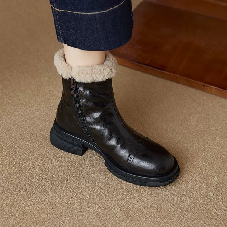 Французский стиль 2024 зима новая круглая голова натуральная кожа толстая подошва толстый кашемировая шерсть теплая челси сапоги короткие сапоги женские