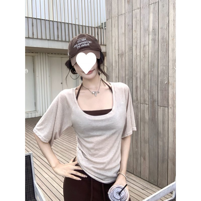 Lazy Style U-Neck Short-Sleeved T-Shirt for Women Summer Pure Color Loose Sun Protection Blouse Basic Slimming Look Versatile Top