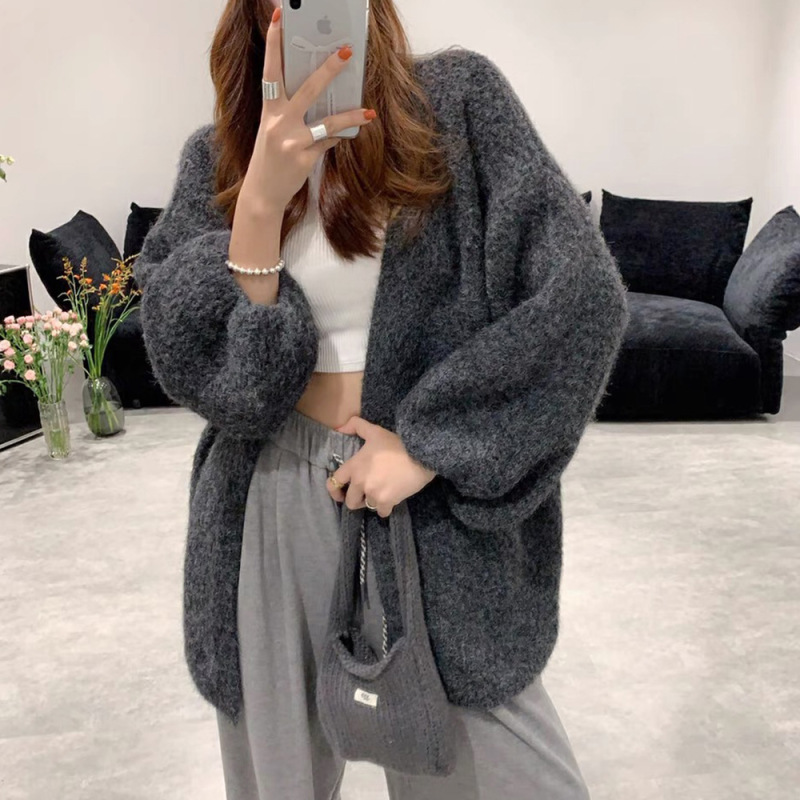 女性用ランタンスリーブニットカーディガン、春と秋の新しいスタイル、柔らかくワックスのようなミドル丈のアウターウェア、ゆったりとしたレイジースタイルのセータージャケット|undefined