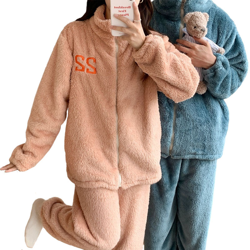 Pajamas de pareja de invierno mujeres coral terciopelo grueso de terciopelo hombre invierno calentamiento de franela invierno conjunto de ropa para el hogar