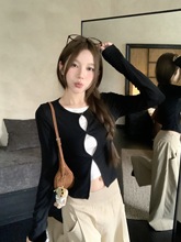 260克人棉黑色假两件镂空波点长袖T恤女早秋修身打底衫内搭上衣