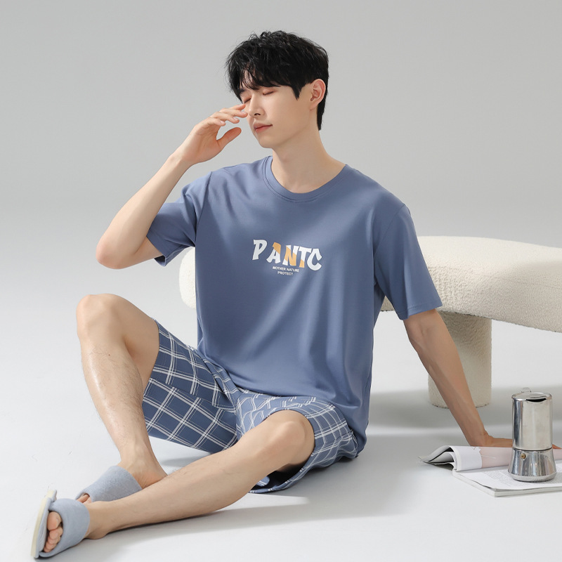 여름 잠옷 남성면 얇은 간단한 캐주얼 아우터 라운드 넥 풀오버 짧은 소매 반바지 코튼 홈 의류 세트