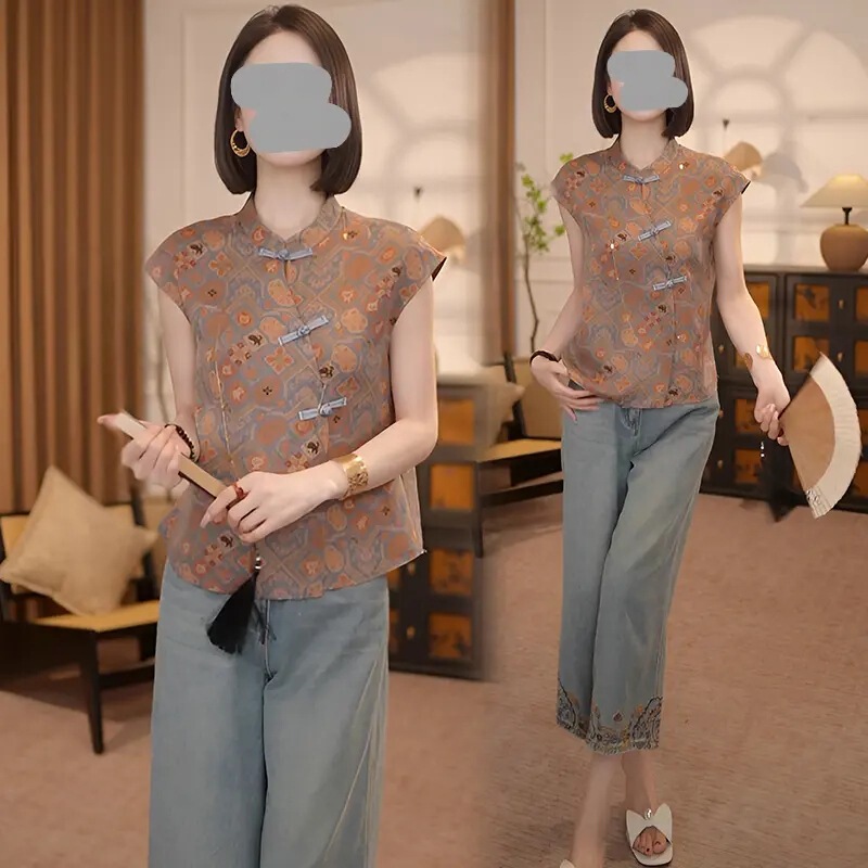 2025夏季新款今年流行女装新中式国风复古盘扣精致印花短袖衬衫女|undefined