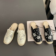 跨境复古包头半拖鞋小香风渔夫鞋女平底水钻懒人鞋一脚蹬乐福鞋