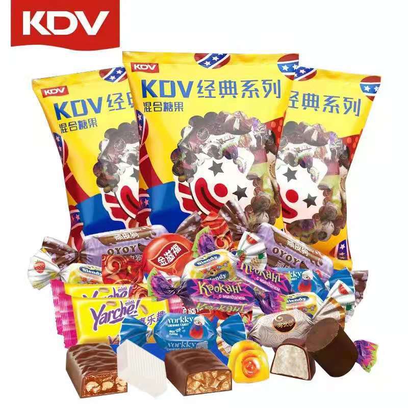 kdv俄罗斯进口紫皮糖混合糖杂糖500g混合夹心糖果巧克力糖批发