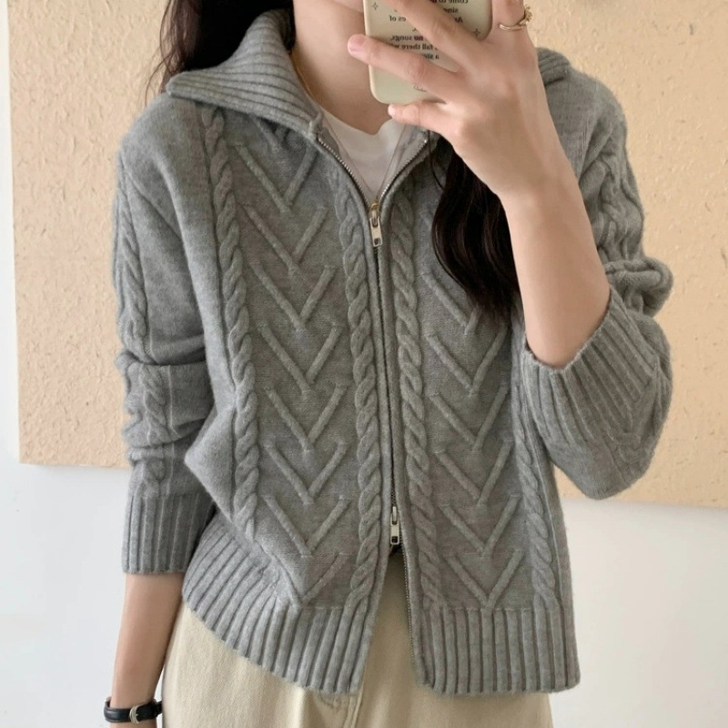 Gray Twist Zipper Suéter chaqueta mujer primavera y otoño engrosado diseño de nicho de vestir cardigan de punto perezoso