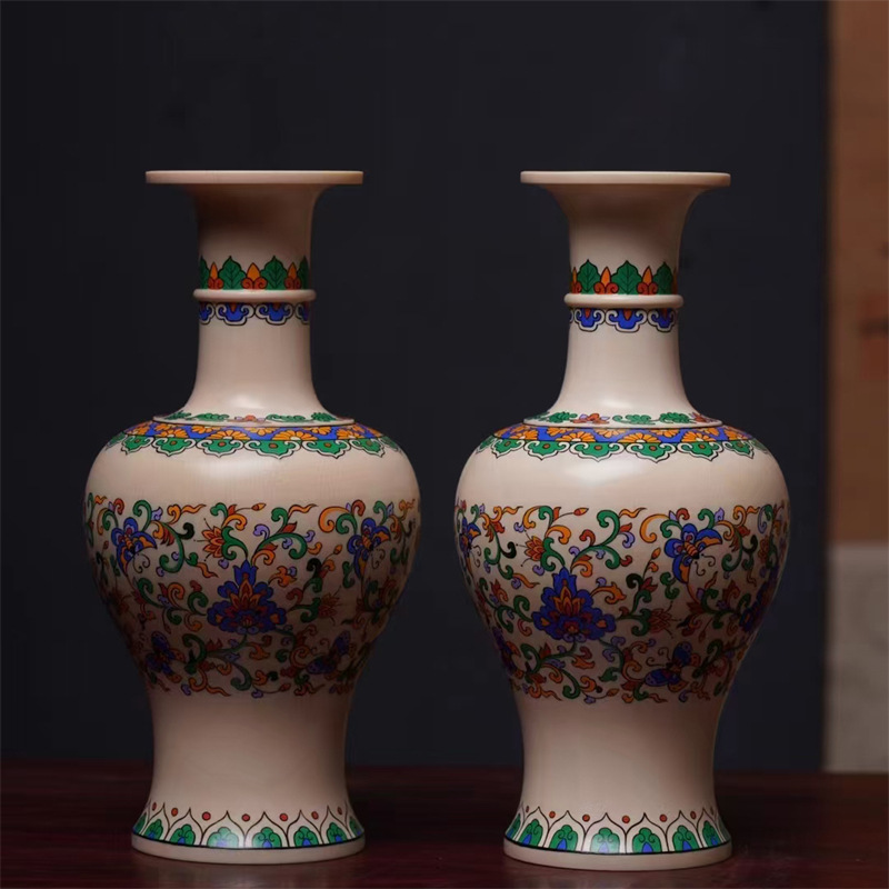 猛犸牙中式珐琅彩陶瓷花瓶新款缠枝莲葫芦瓶复古风家居装饰小花瓶