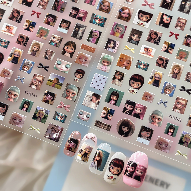 Doll nail art stickers with a vintage vibe, unique and personalized cartoon designs, DIY nail decoration patches wholesale