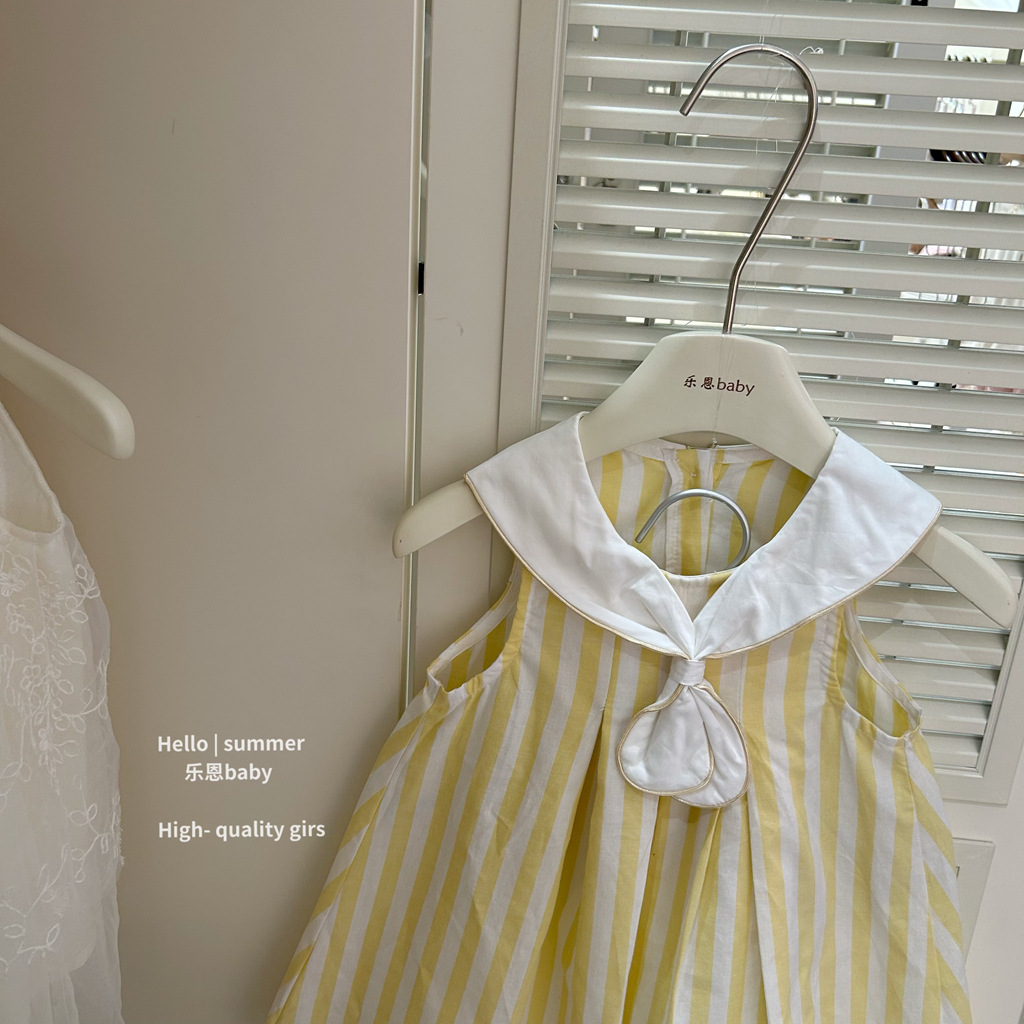 [Lenbaby] 25 verano niñas falda rayada amarilla estilo extranjero sin mangas vestido de cuello chaleco conjunto de falda