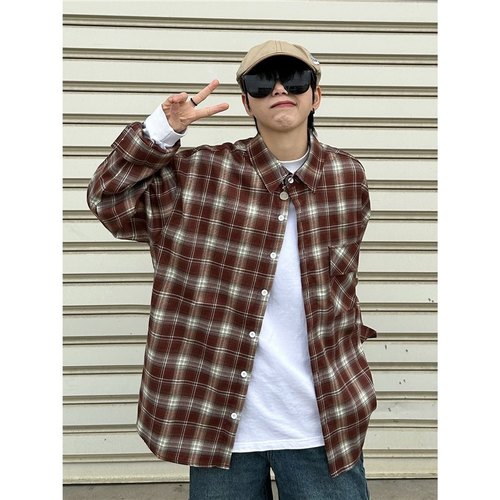 American-style trendy checkered shirt for men and women, spring and summer casual high-end versatile loose couple long-sleeved shirt jacket