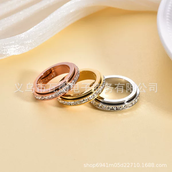 Cross-Border Tk New Model Stainless Steel Rotating Starry Sky Diamond Ring, Rotatable High Color-Retention Vacuum Electroplated Diamond Ring, In-Stock Wholesale