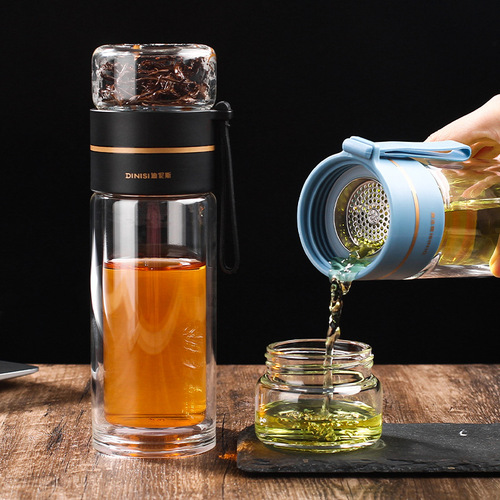 Double-layered cup, glass cup, high-looking gift box set, creative tea and water separation tea cup, office water cup wholesale