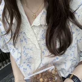 白色短袖碎花衬衫女夏季薄款2026新款小个子娃娃领衬衣泡泡袖上衣