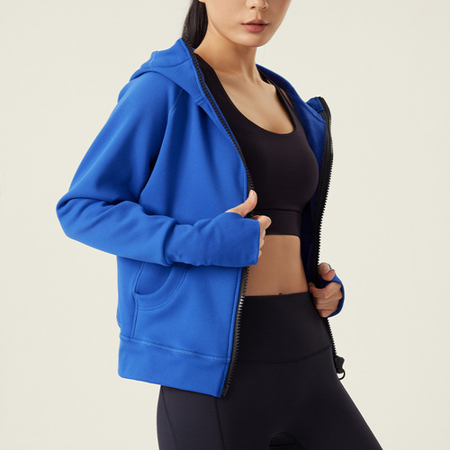 Winter Outdoor New Fleece Lined Hooded Solid Color Sports Top Fitness Running Yoga Training Jacket