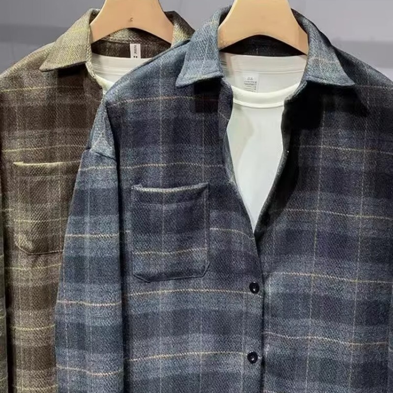 8XL Woolen New Balance Shirt Spring Trendy Retro Plaid Couple Long-Sleeve Shirt Loose Plus-Size Shirt for Men