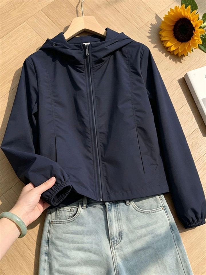 Áo khoác cardigan nữ dáng ngắn có mũ, khóa kéo, form rộng phong cách Hàn Quốc — Màu vàng xanh, Màu xanh tím than