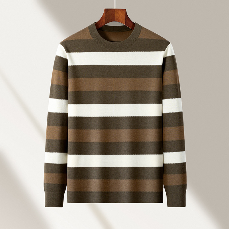 秋冬男士圆领套头长袖针织衫桑蚕丝印花时尚撞色条纹打底衫毛衣男