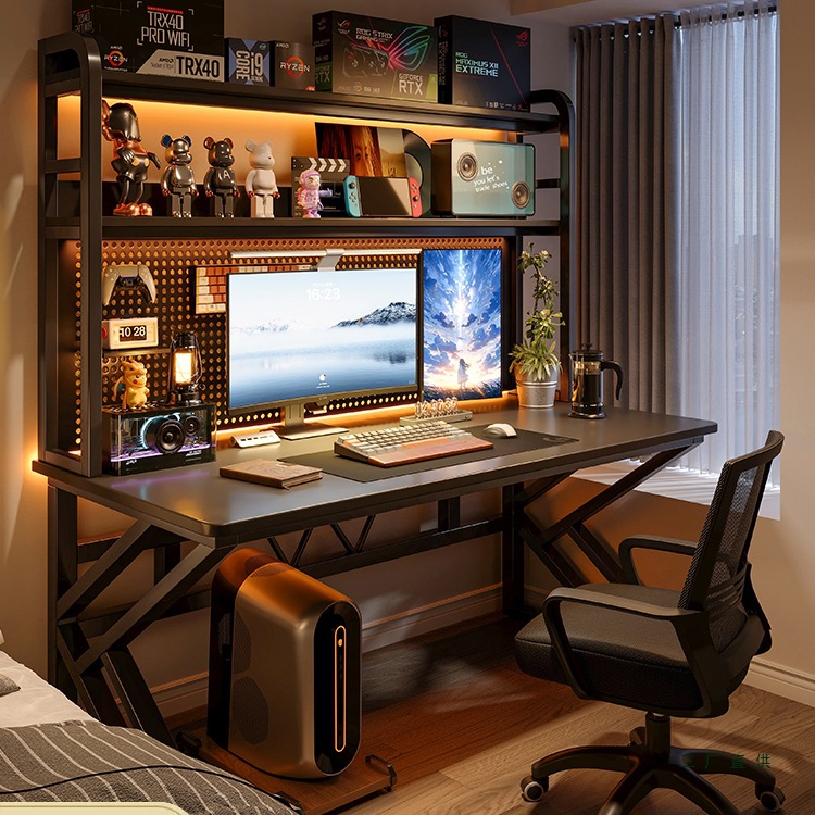 Desktop Computer Table Bedroom Home Desk Bookshelf Integrated Table Office Desk Hole Board E-Sports Table and Chair Set