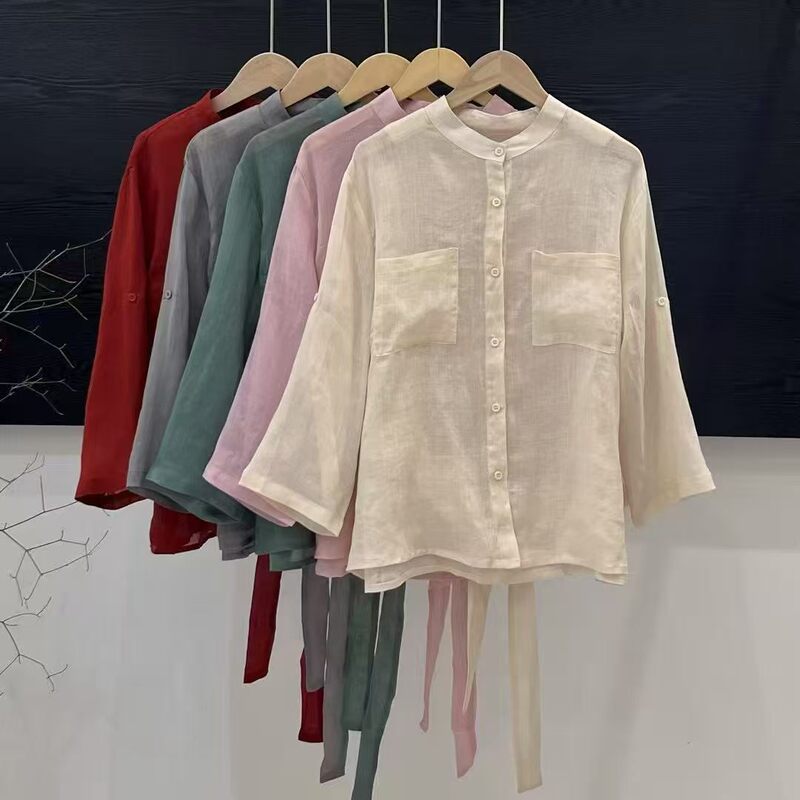 Hot-Selling New Chinese-Style Ramie Solid Color Stand-Collar Shirt with Double Pocket Design, Convenient and Practical, Comfortable and Versatile