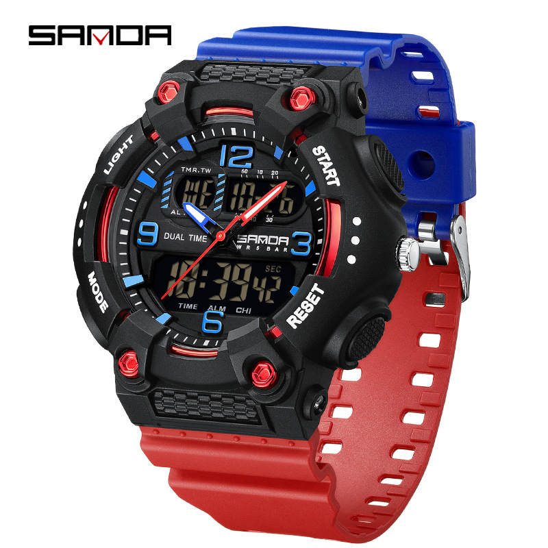 SANDA reloj juvenil de moda color contraste doble pantalla reloj multifuncional para hombres y mujeres estudiantes reloj electrónico de luz nocturna