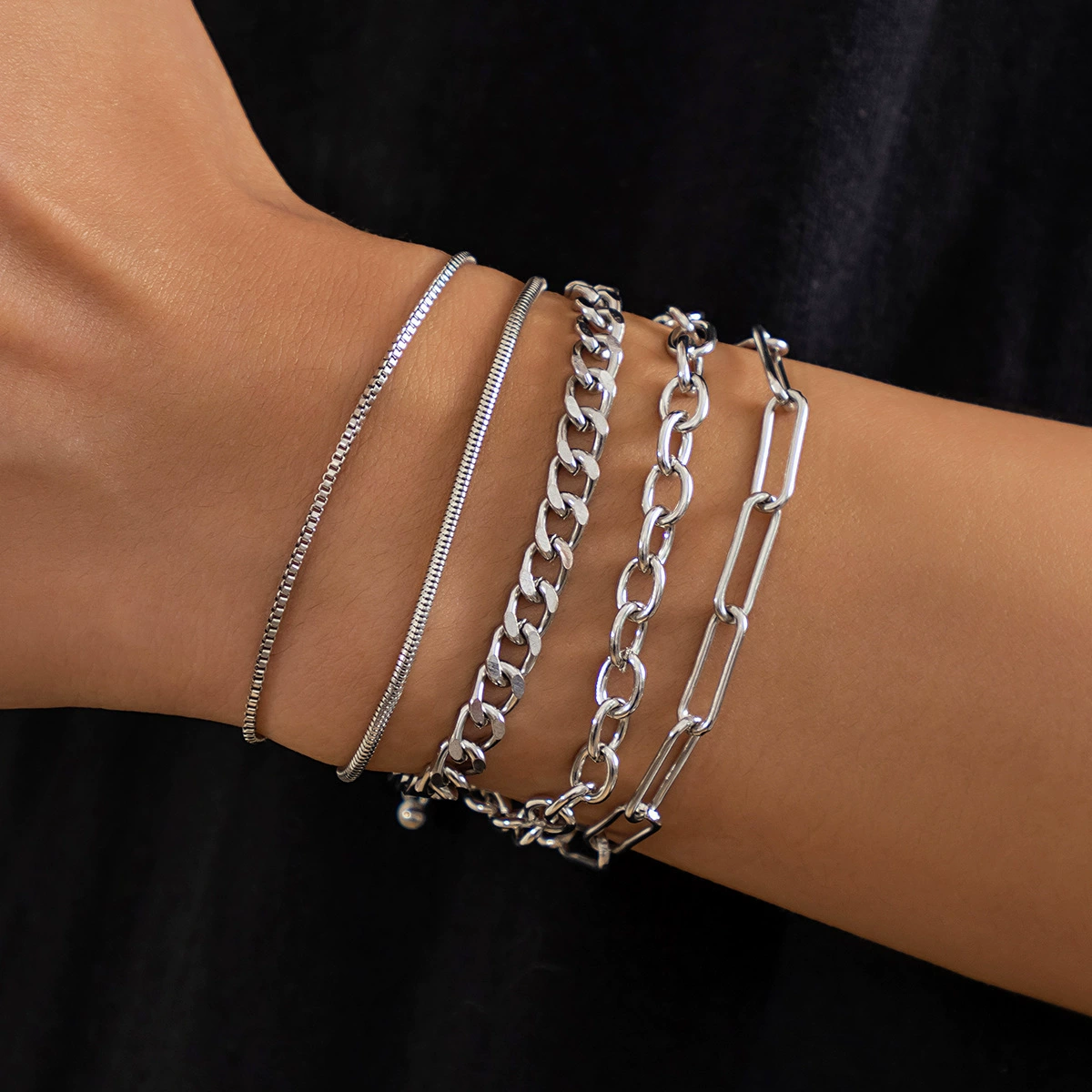 Set of Silver Men's Chain Bracelets - Hip-Hop Style, European Jewelry, Simple & Elegant Design Collection