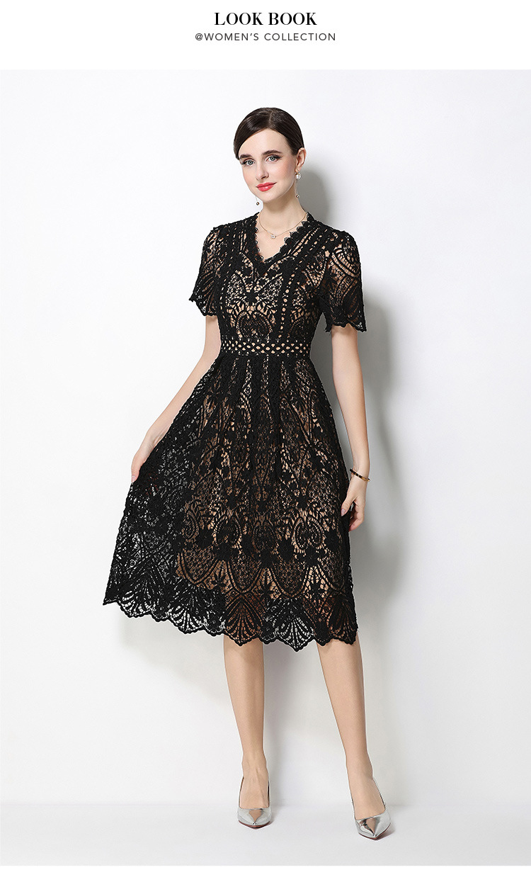Đầm maxi nữ cổ V ren thắt eo tay ngắn họa tiết rỗng — màu đen, Rượu vang đỏ, màu hồng đậm, màu trắng chi tiết 30
