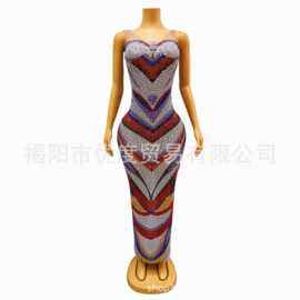 条纹无袖紧身闪亮水钻欧美网纱礼服酒会派对夜场演出服长裙幻彩