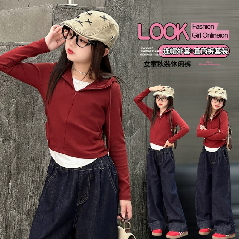 Красный костюм для девочек Ангола 2025 Новый средний мальчик поддельный два топа с длинными рукавами джинсовые широкие брюки набор из двух частей