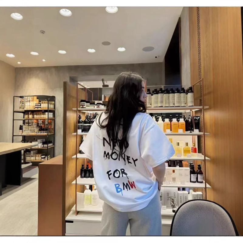 200g cotton cross-border fashion women's back money printed round neck short sleeve T-shirt contrast color design Joker