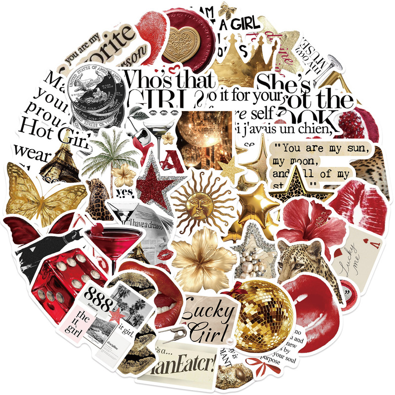 50 Pieces of Gold & Red Aesthetic Stickers, English Graffiti Phone Case Scrapbook Decoration, Non-Drying Adhesive Waterproof Stickers