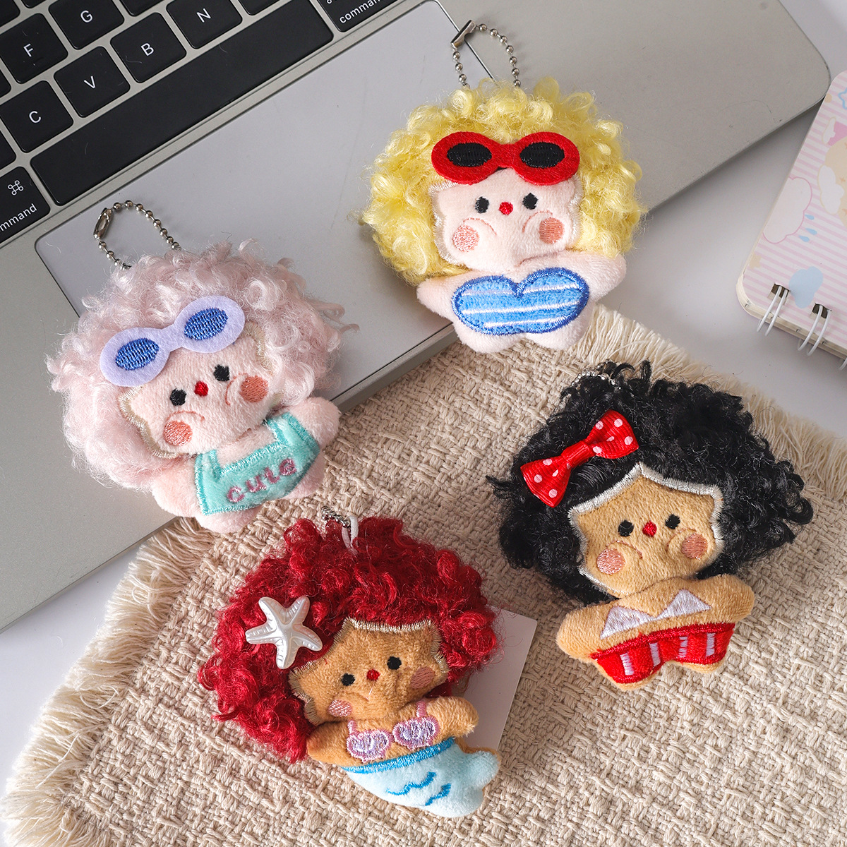 Explosive Hair Beach Girl Plush Pendant Cute Cartoon Keychain Bag Charm Doll Gift Decoration