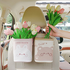 Cute Kartoon Car Trash Can Car Seat Back Storage Basket Leather Print Car Hanging Multi-functional Storage Box