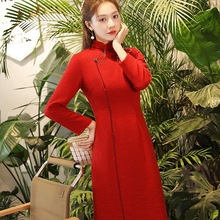 秀观唐喜俏2025冬季新款优雅毛呢时尚亮丝喜庆妈妈装婚礼旗袍裙