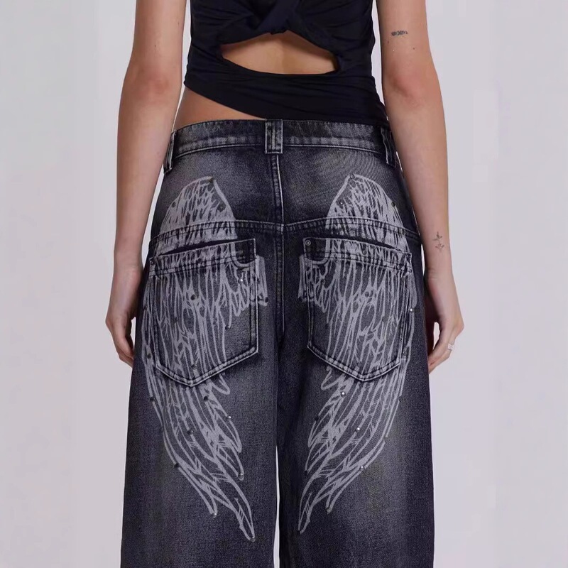 Cross-Border Popular Item: Angel Wings Print Gradient Jeans for Women, Y2K Retro Trendy Brand, Washed Wide-Leg Floor-Length Pants Cross-Border Popular Item: Angel Wings Print Gradient Jeans for Women, Y2K Retro Trendy Brand, Washed Wide-Leg Floor-Length Pants