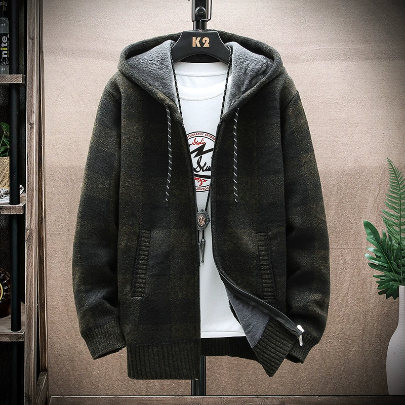 Мужская демисезонная куртка‑худи в клетку с флисовой подкладкой, большие размеры M–XXXL