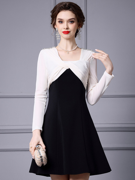A-line dress, socialite temperament, nail diamond high waisted dress, short style