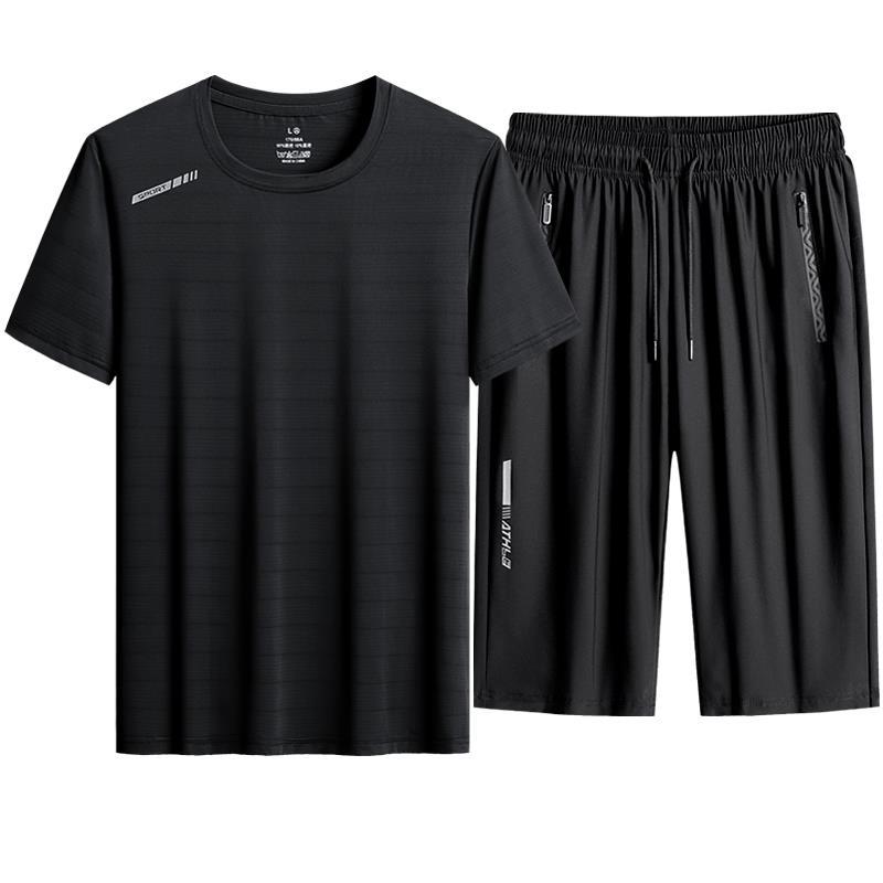 批发批发抖音快手直播新款薄款满印B字印花夏季冰丝短袖套装男薄